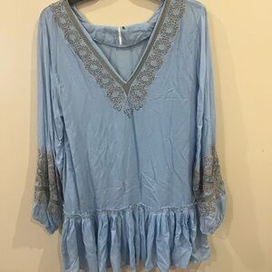 Free People Light Blue Embroidered Mini Dress